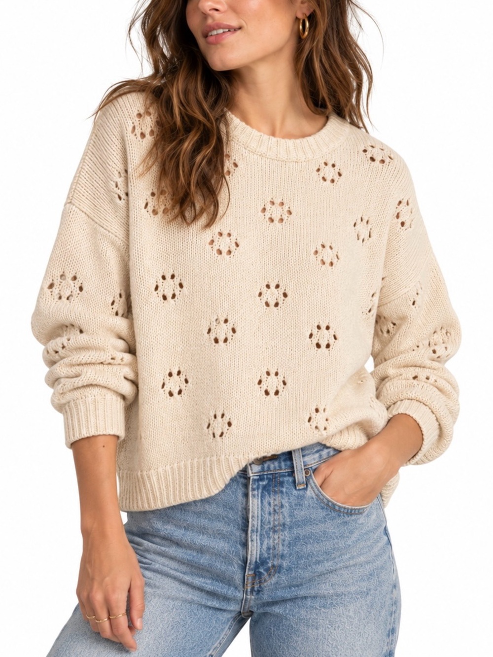 Madewell 100% Cotton Floral Pointelle Pullover Sweater S Bright Ivory Classic
